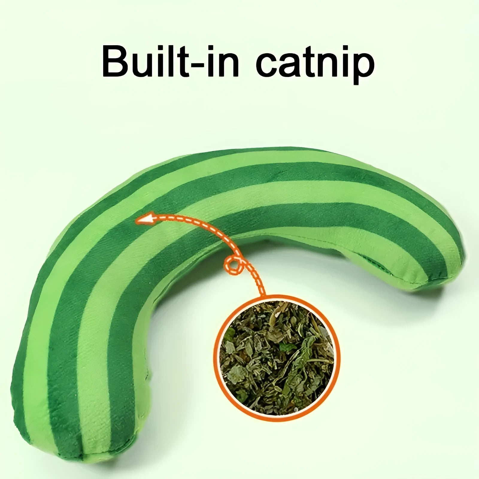 Striped pattern cat pillow toy with built-in noise maker and catnip strip measuring 23x20cm