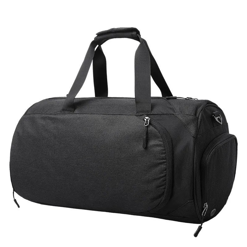 Light grey oval travel bag with multiple internal compartments including a camera insert and wet/dry separation bags.
