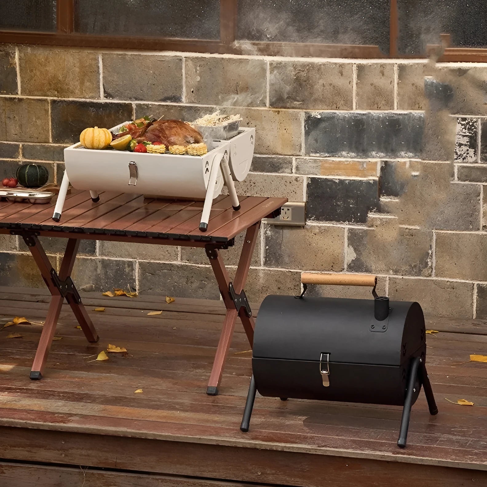 White round chimney oven style portable charcoal grill with detachable components for frying and baking