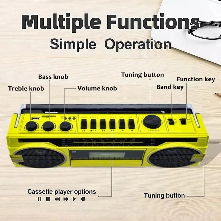 Antique high-power four band recorder manual mono radio with USB interface in blue colour, 35x11x13cm