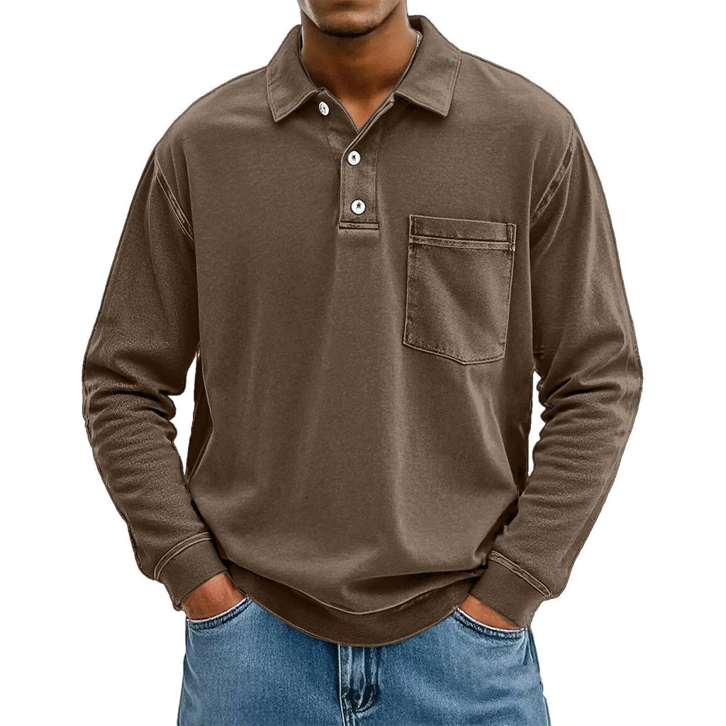 Men's 3D digital print pullover polo shirt with patch pocket in blue, model front view, loose fit polyester top