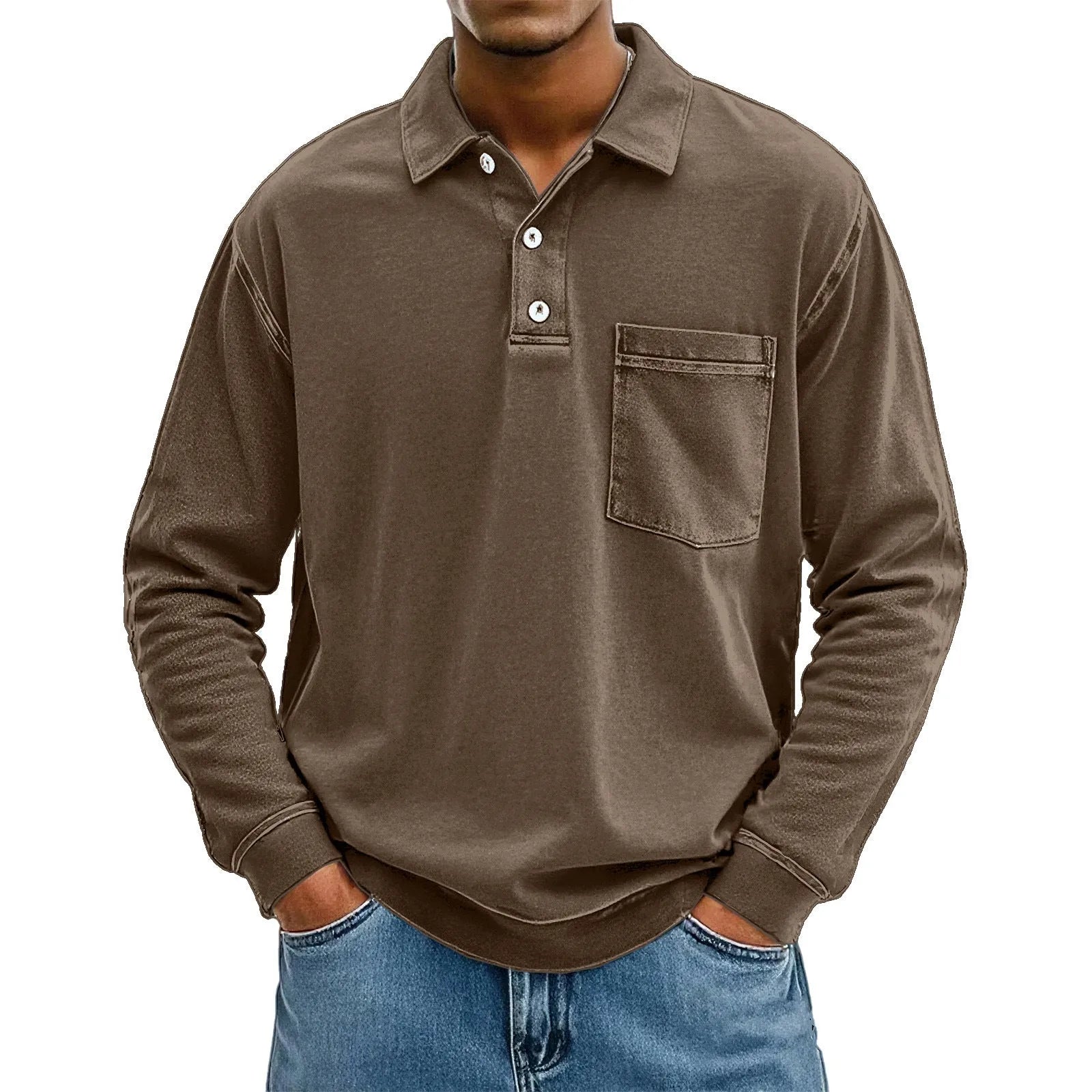 Men's 3D digital print pullover polo shirt with patch pocket in blue, model front view, loose fit polyester top