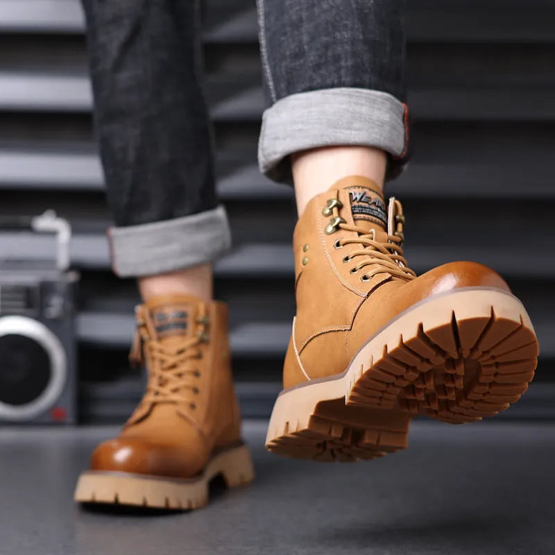 Men's brown leather high-top boots with a side zipper and round toe.