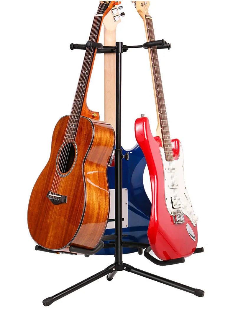 Black vertical adjustable guitar stand showing height mechanism and double-headed design