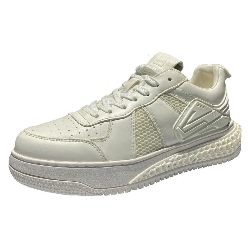 Men's summer leather breathable casual shoes in white with lace-up closure and rubber sole