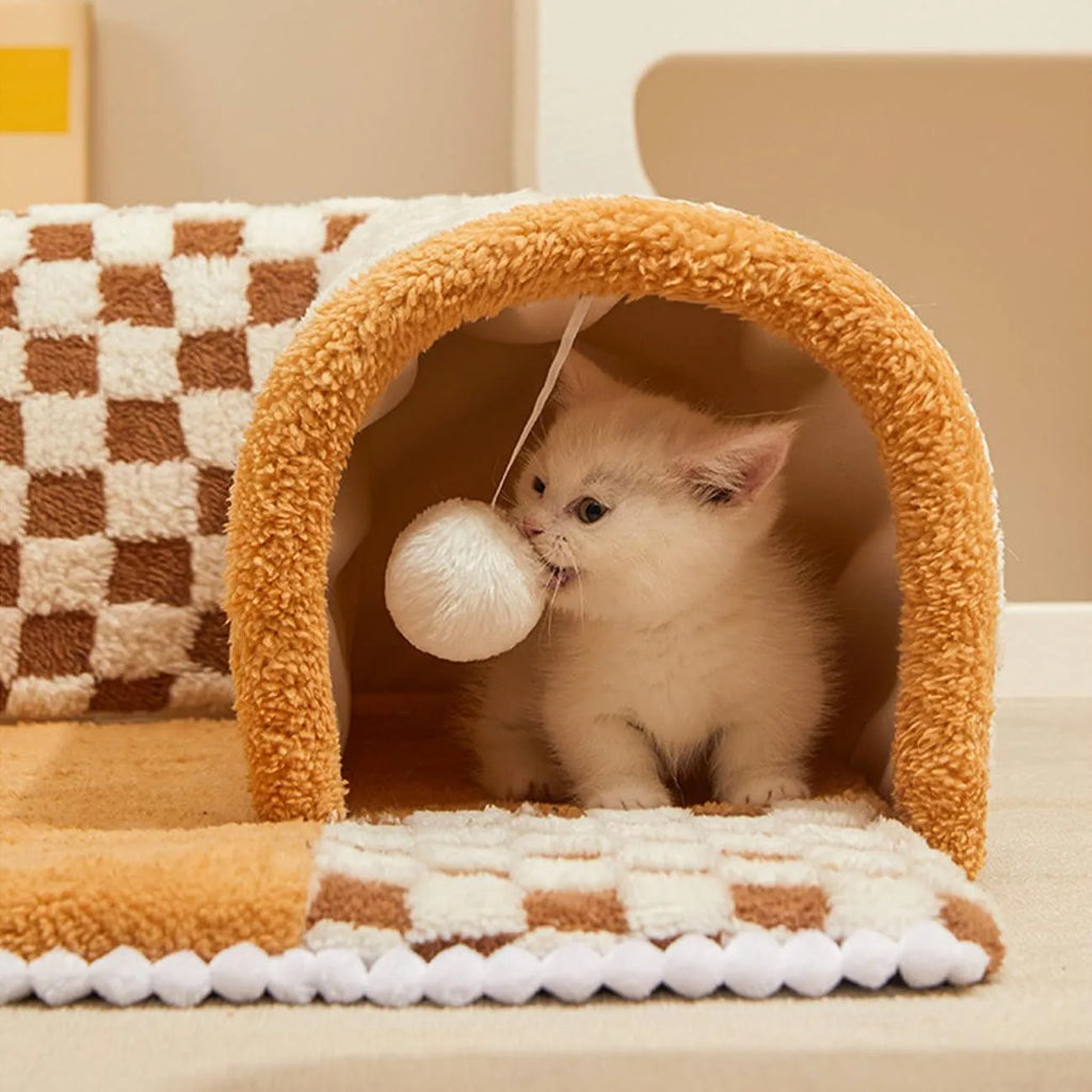 XL fan-shaped plush pet bed with integrated tunnel in plaid fabric, Coffee colour.