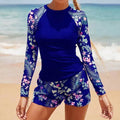 Women's long sleeve digital print conservative separate bikini swimwear in dark blue flower pattern