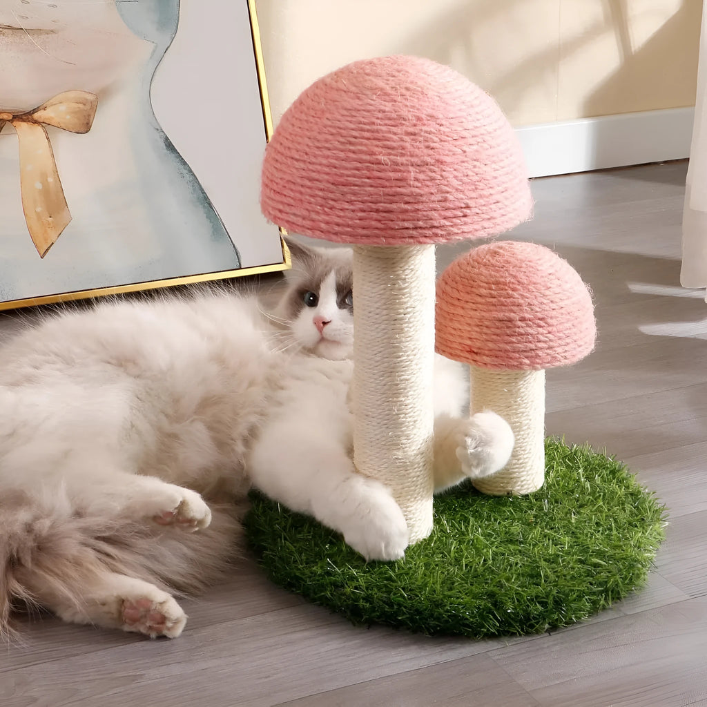 Pink mushroom-shaped cat scratching post with natural sisal caps for small cats