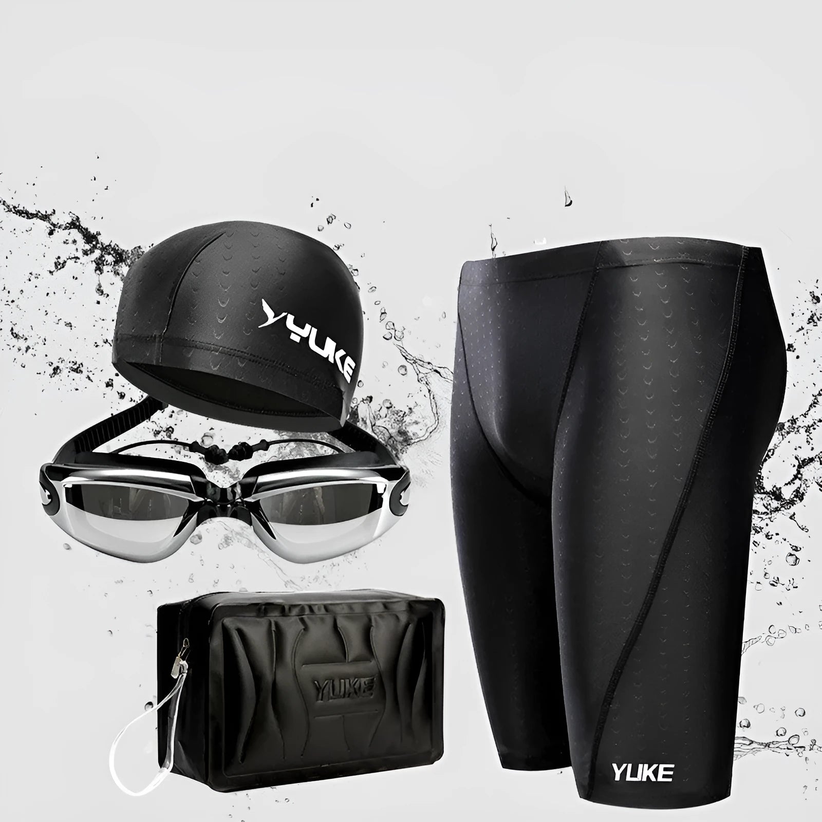 Men's black five-piece swimming set showing trunks, goggles, cap, ear plugs, nose clip, and storage bag