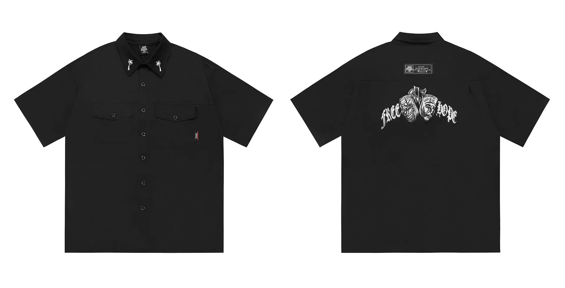 Men's black cotton blend pocket shirt with embroidery detail and half sleeves in loose plus size fit