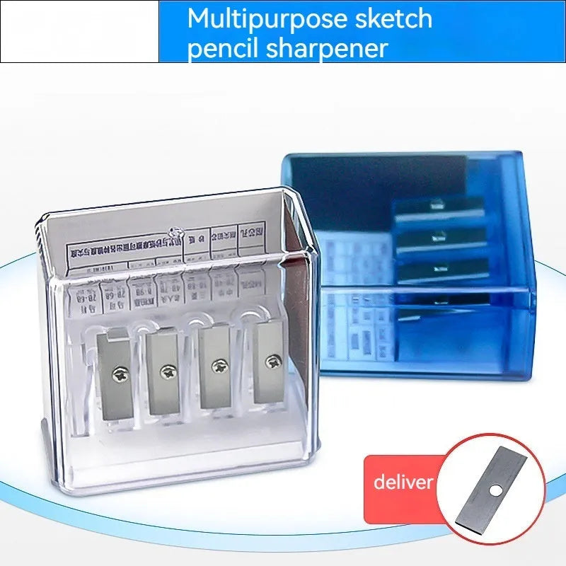 Geometric four-hole pencil sharpener with replaceable blades and screwdriver