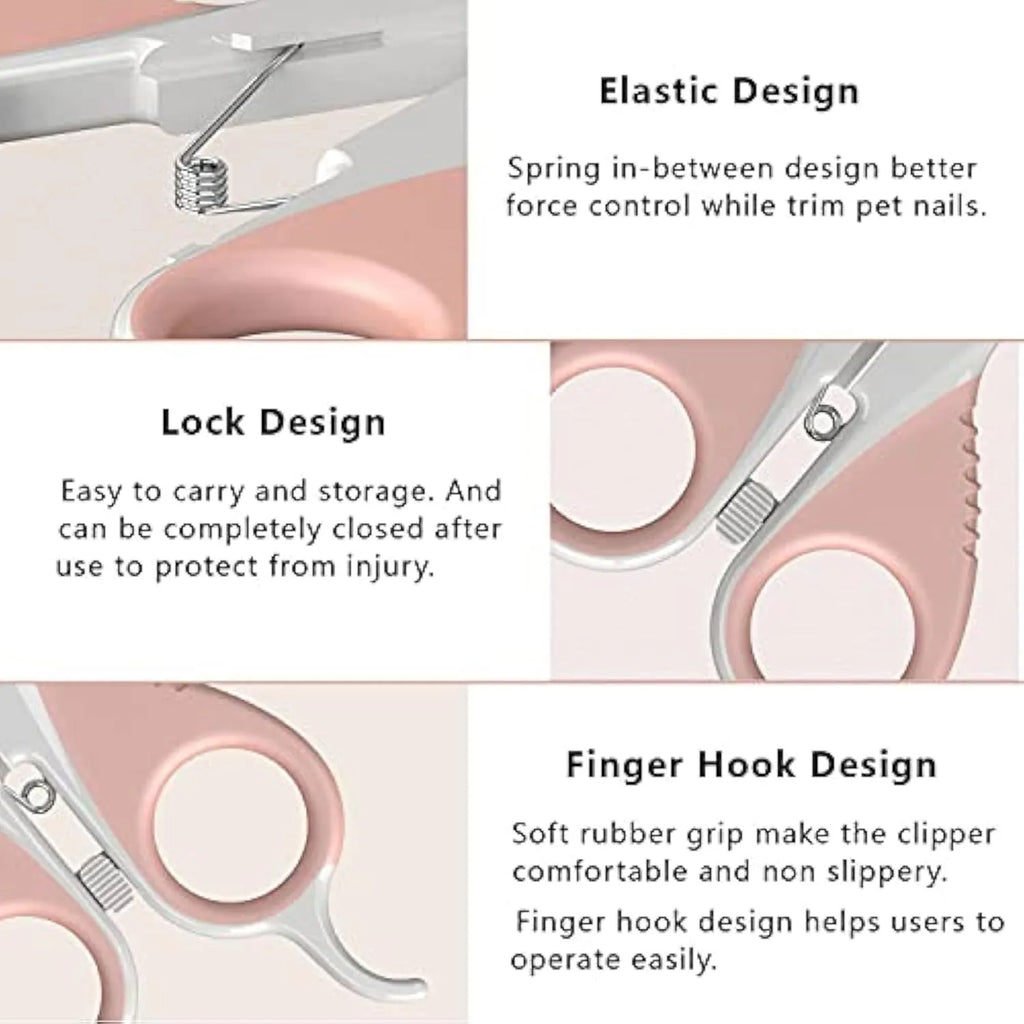 Grey and pink stainless steel cat nail clippers with angled blade and safety lock