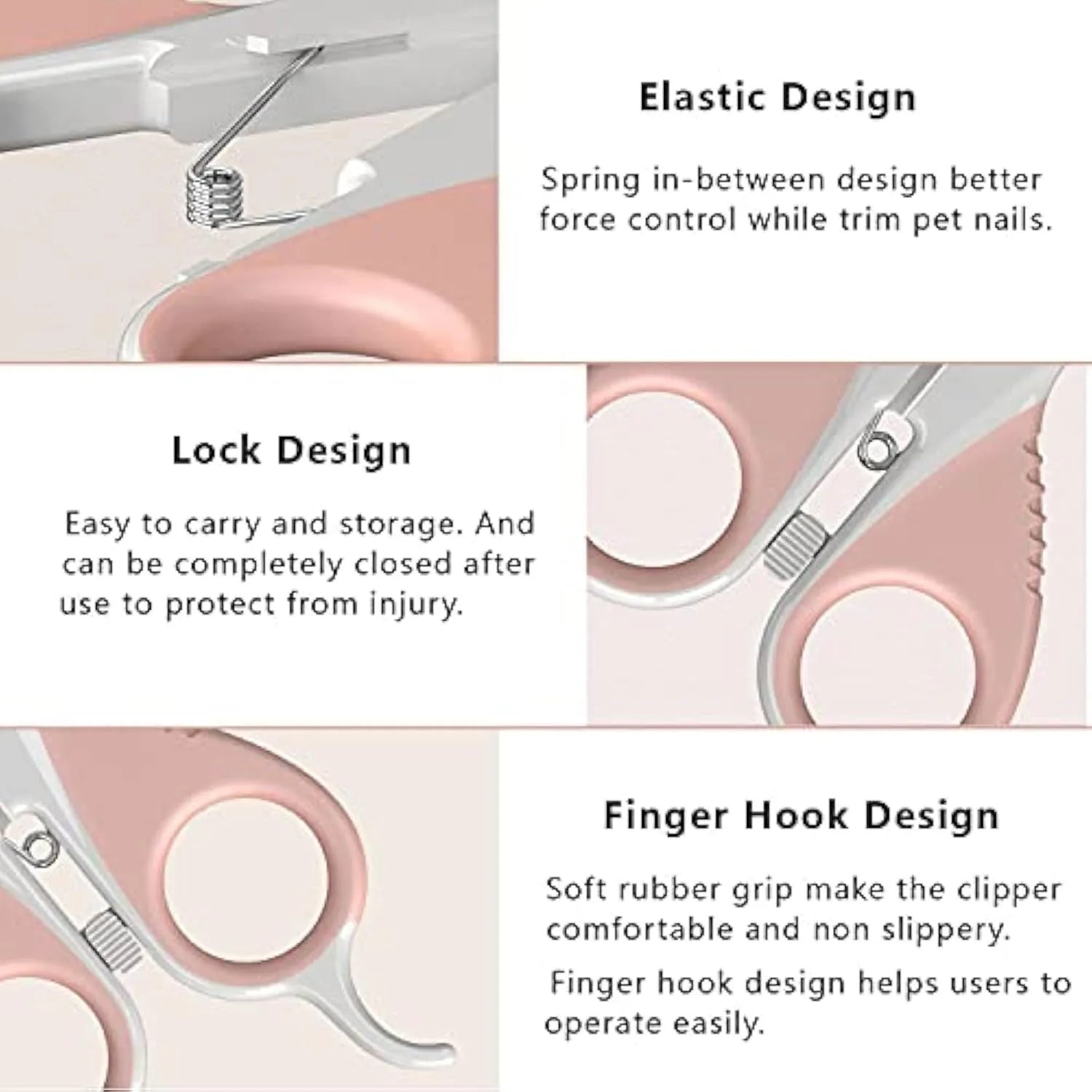 Grey and pink stainless steel cat nail clippers with angled blade and safety lock