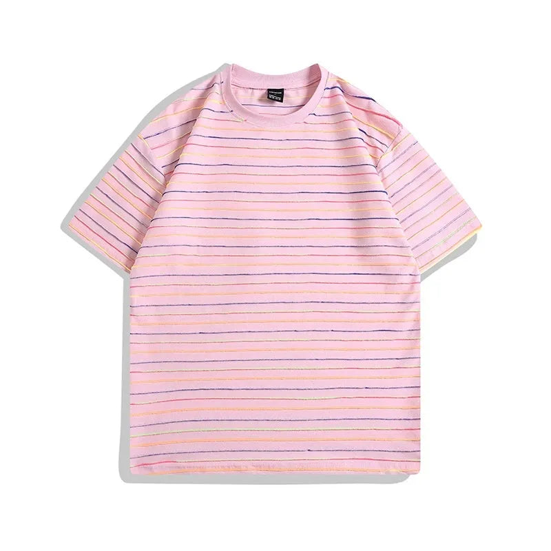 Loose fit couple T-shirt in apricot, black, yellow, gray, or pink with short sleeves and round neck.