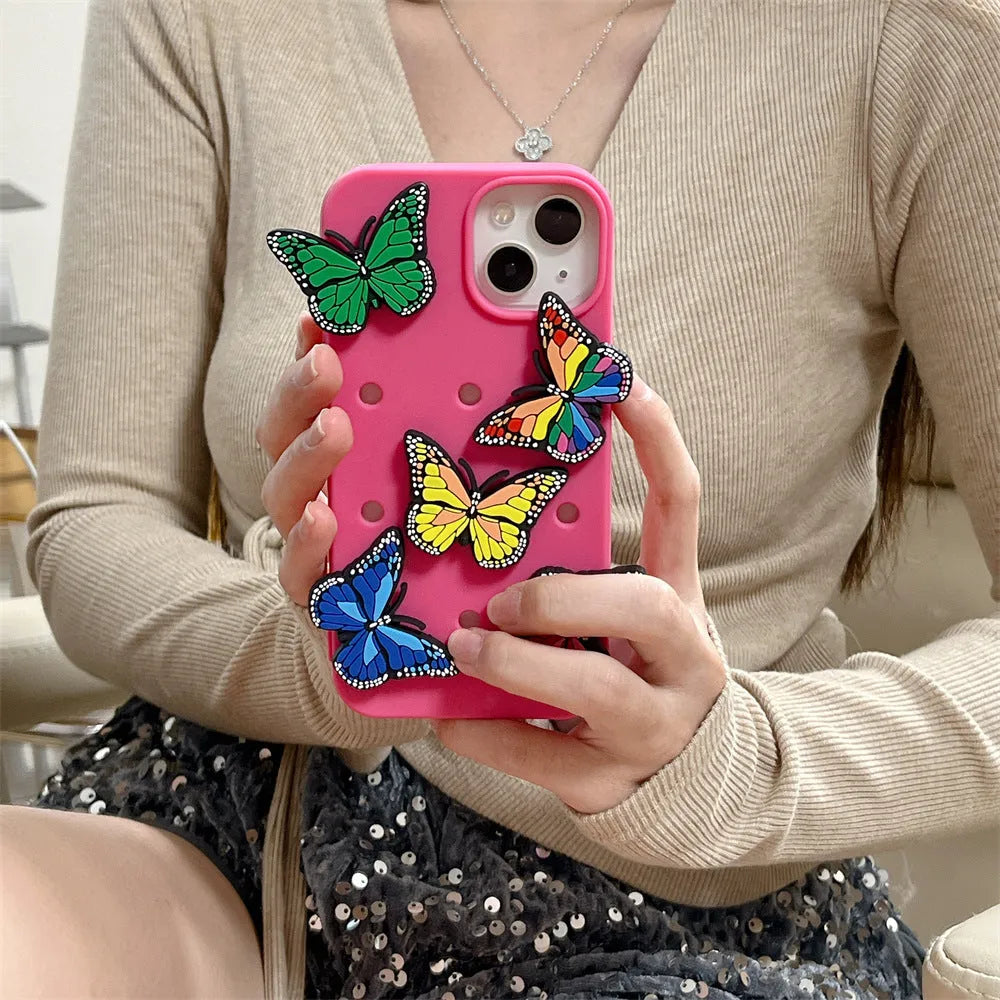 Three-dimensional colorized butterfly silicone phone case for Apple iPhone, black, engraved design