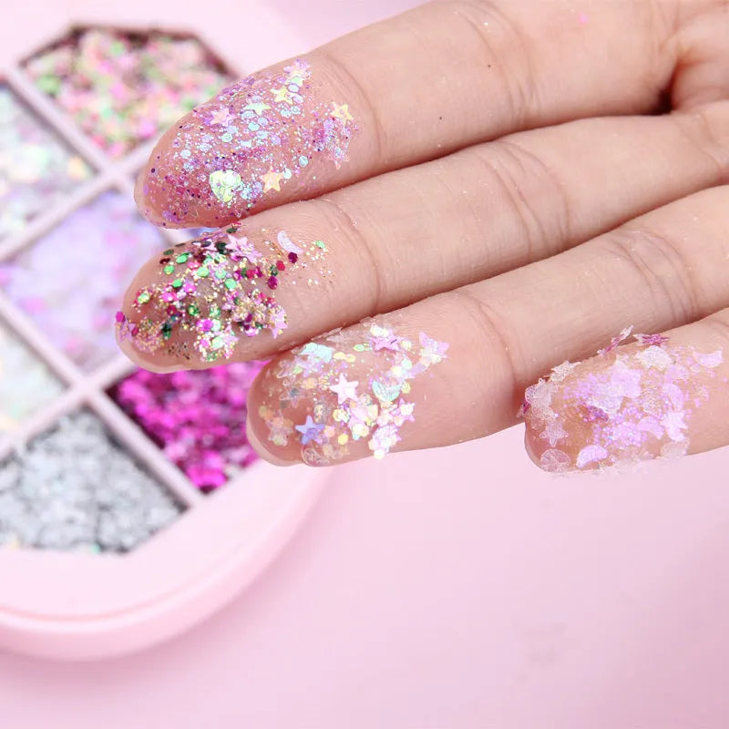 Small pot of glitter eye shadow gel cream with shimmer sequins in seven colour options for face and body festival use