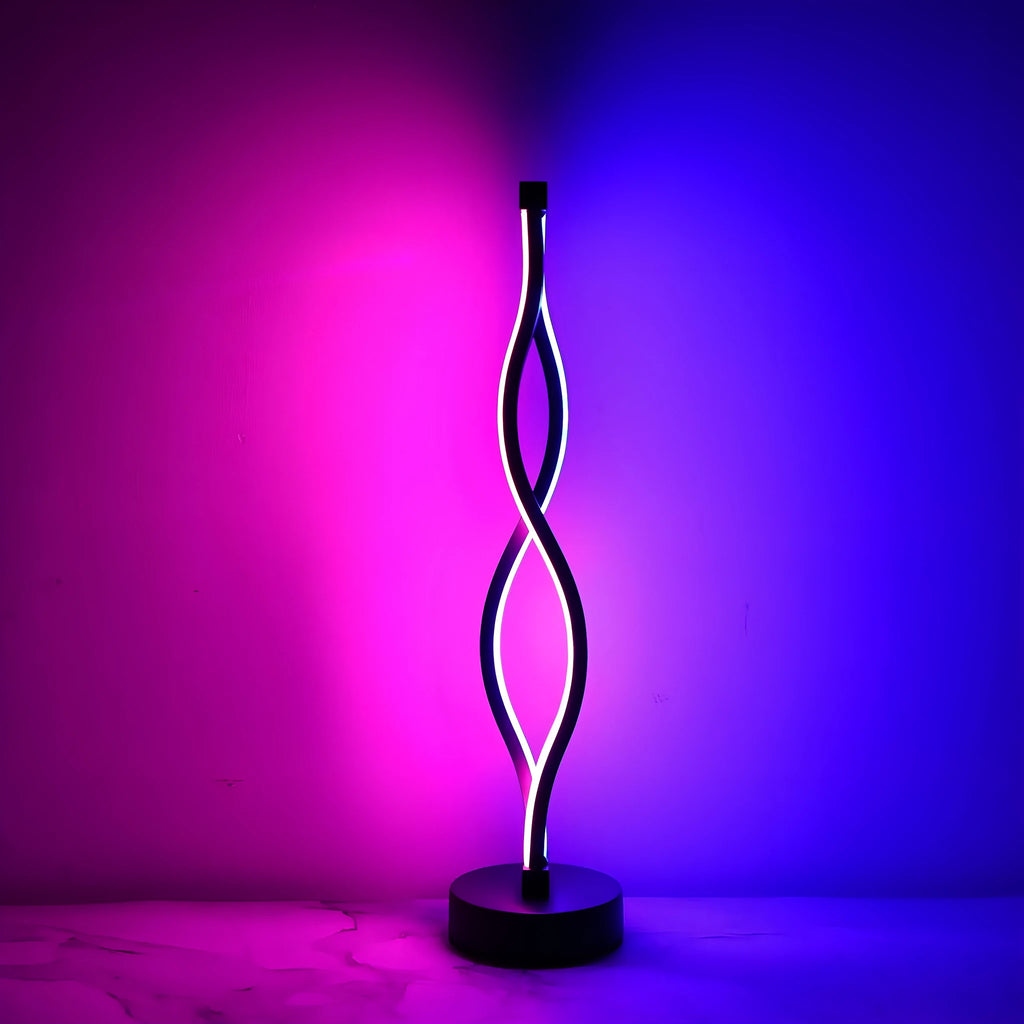 Black aluminium desk lamp with touch dimming buttons showing blue and pink controls