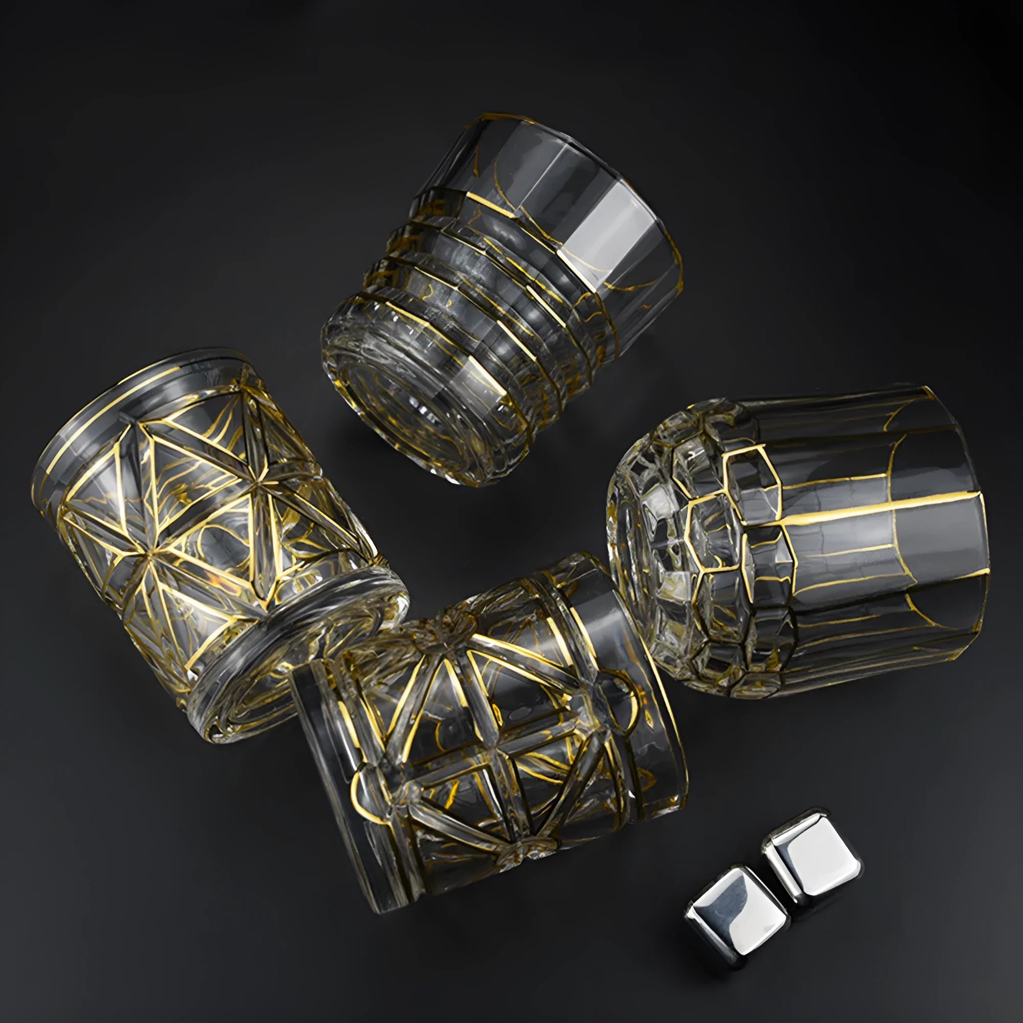 Crystal glass whiskey shot glass with solid gold finish on a bar counter