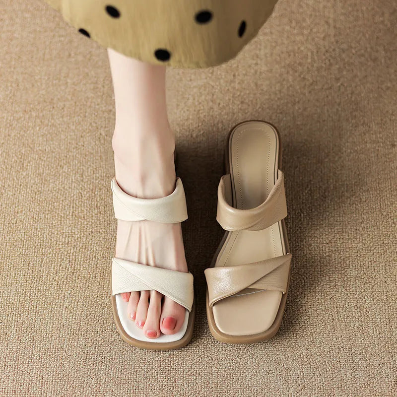 Women's French-style square toe slippers with microfiber upper and rubber sole in nude colour
