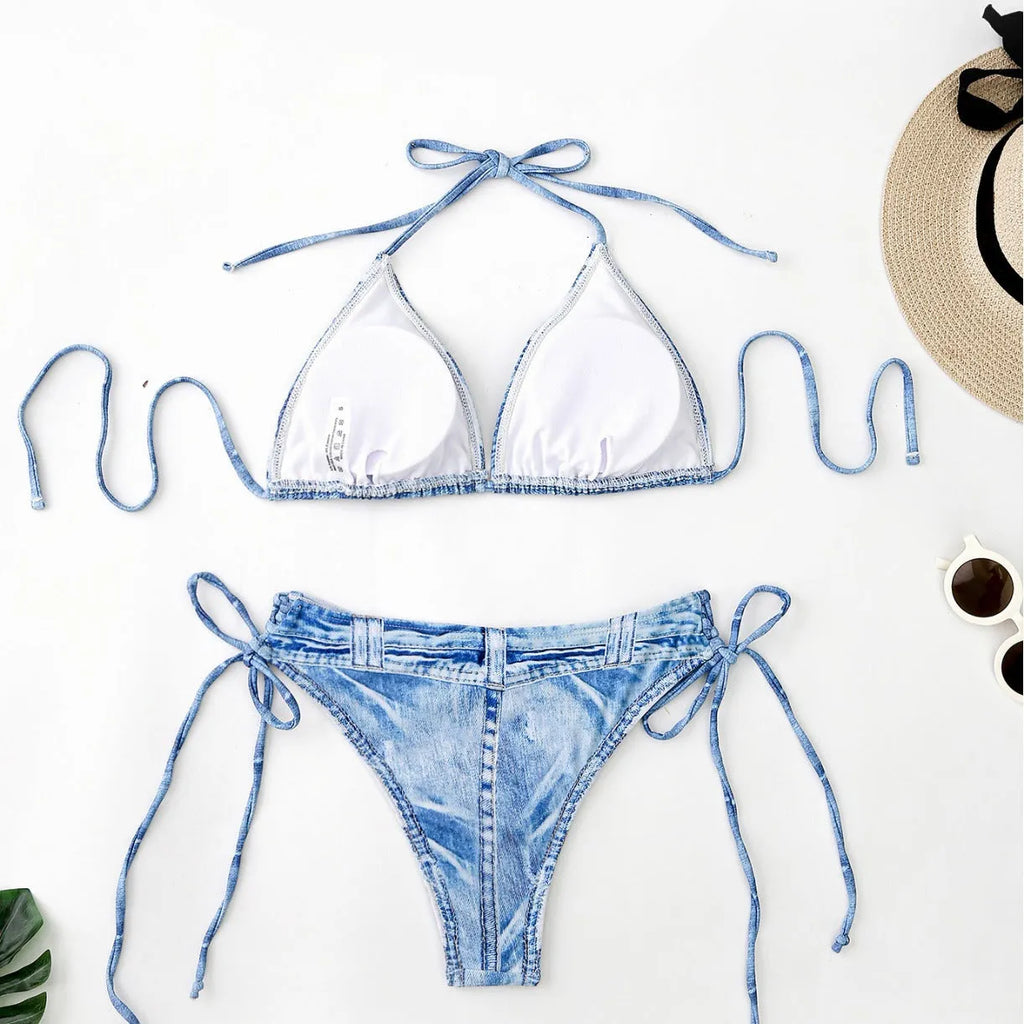 Women's denim pattern two-piece bikini swimsuit set in colourful colour, polyester fabric, front view