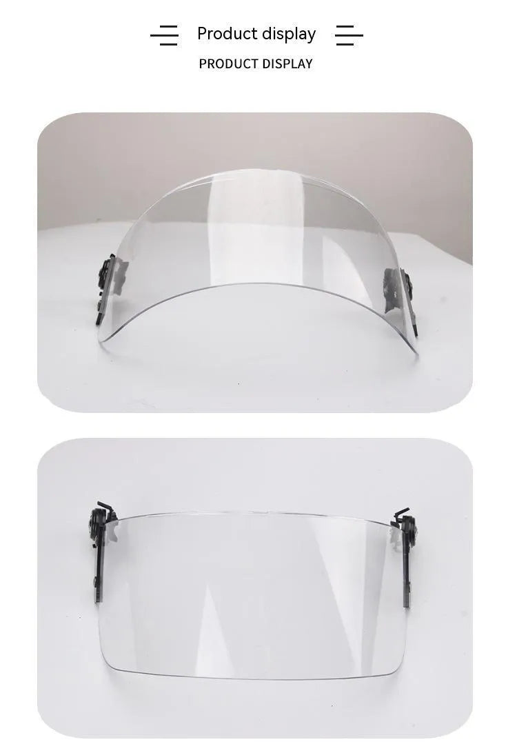 Transparent polycarbonate helmet mask with windproof lens and guide rail system for sports face protection