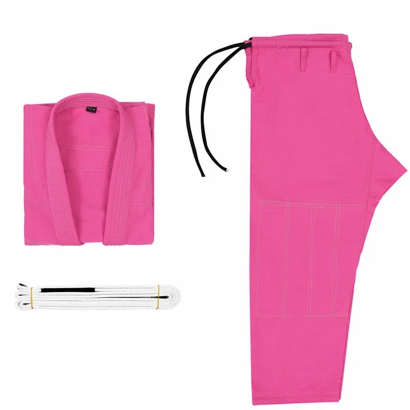 Brazilian Jiu-Jitsu uniform set with top and trousers in multiple colours on a white background.