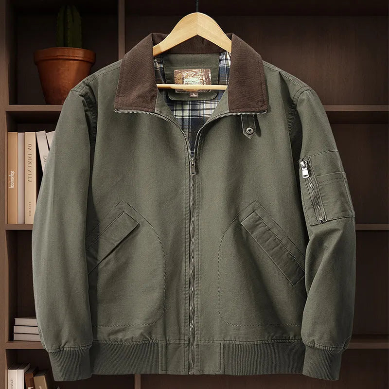 Men's plus size washed cotton baseball jacket shown in available colours