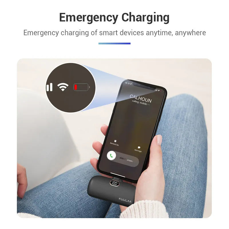Pocket portable capsule power bank 5000mAh PD18W with LCD display, white, cylindrical alloy shell, built-in Type-C interface