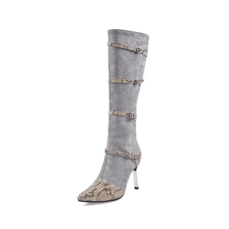 Women's knee-high black boots with stiletto heels and velvet lining