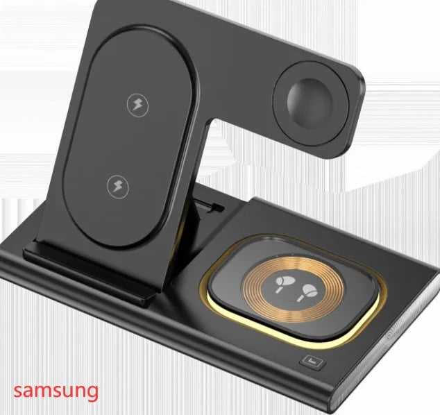 Black folding four-in-one wireless charger for phone and watch, 165X141.4X19MM plastic USB charging station