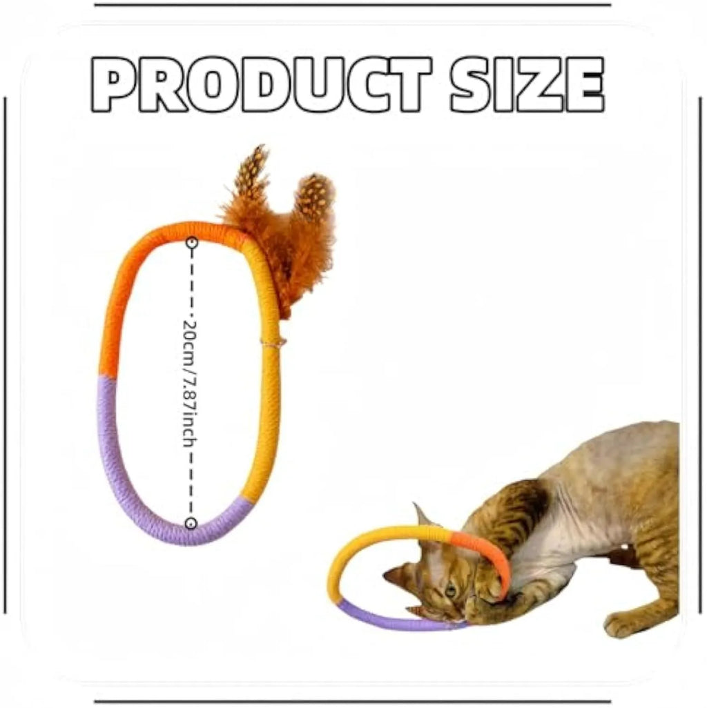 Green circular cotton rope cat toy with feathers and catnip for interactive play and dental cleaning