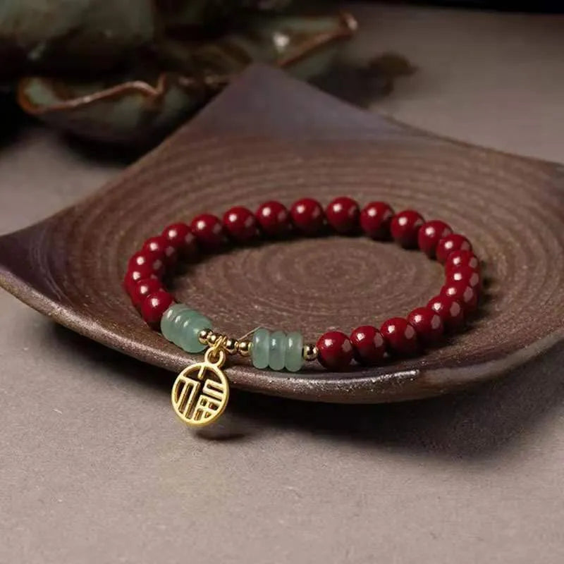 Handmade wave-shaped cinnabar and copper bead bracelet in national style design