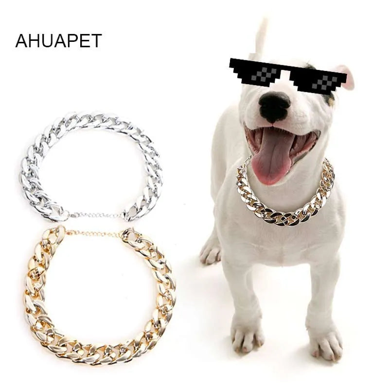 Gold chain dog collar necklace with a geometric buckle on a small dog