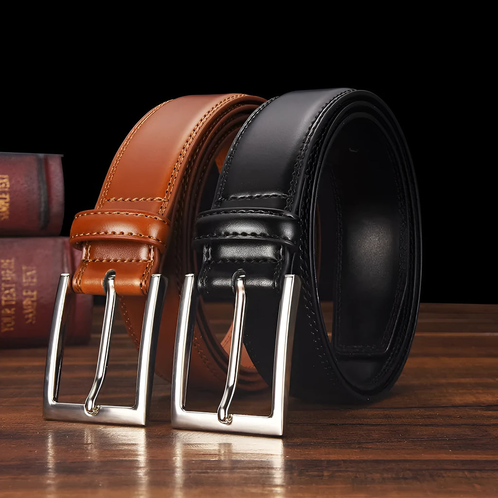 Men's leather belt with pin buckle in genuine cowhide leather showing colour variations