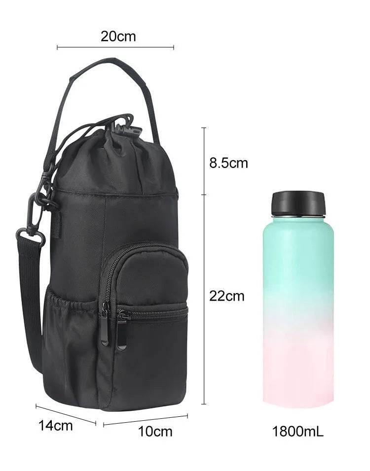 Cloth crossbody water bottle shoulder pouch in black, green, or pink colour.