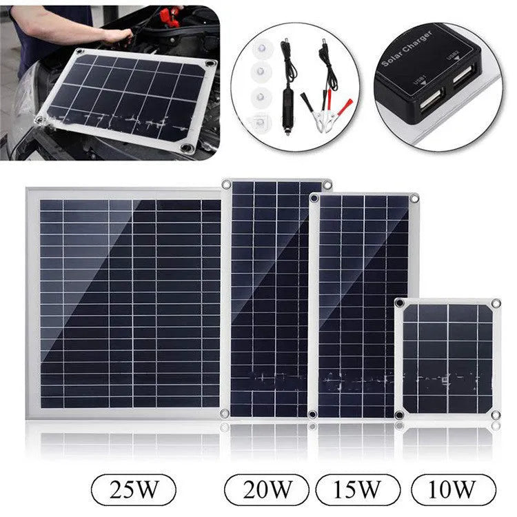 Outdoor solar panel with dual USB ports for charging mobile phones and tablets.
