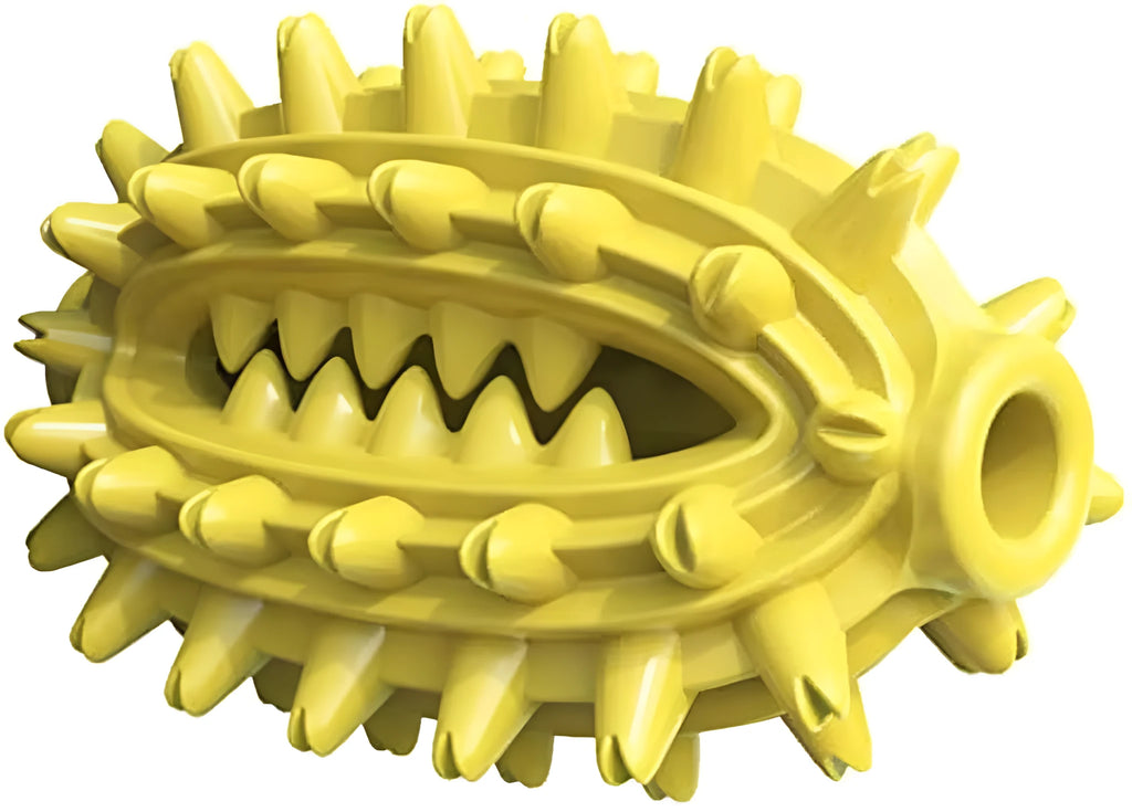 Green or yellow cactus-shaped dog toothbrush chew toy made from food-grade rubber on a white background.
