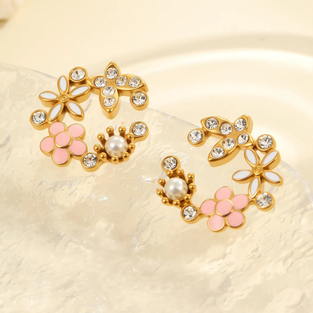 Colourful flower stud earrings with petal design on stainless steel with 18K gold electroplating