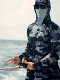 Huk Pursuit grey long sleeve fishing shirt with mesh side panels and crew neck.