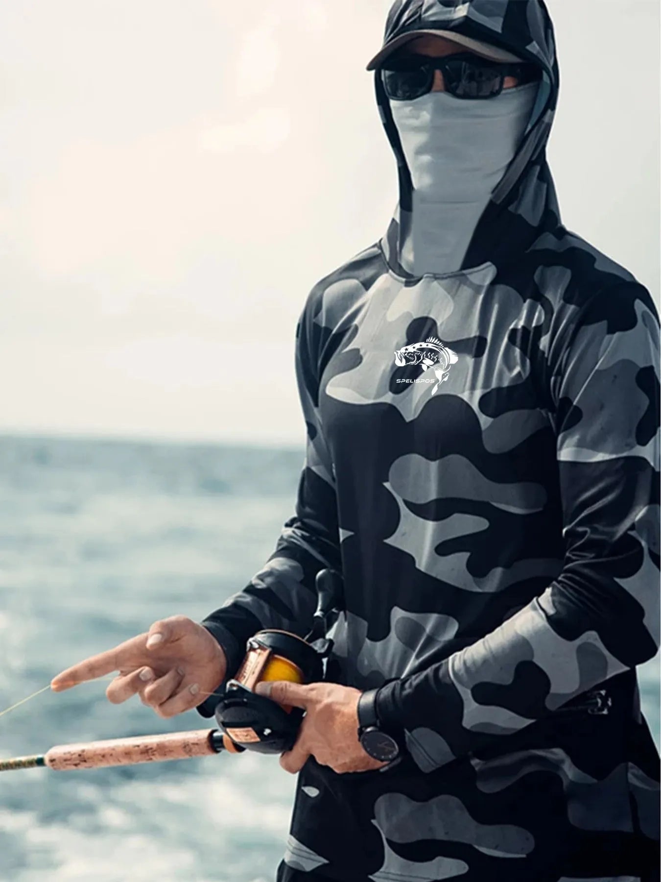 Huk Pursuit grey long sleeve fishing shirt with mesh side panels and crew neck.