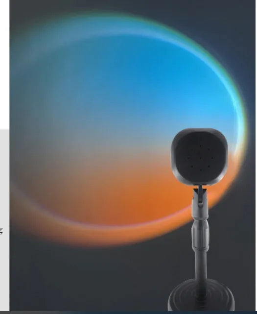 Black sunset lamp projector with metal lampshade lens on iron stand, USB cable, ambient glow effect