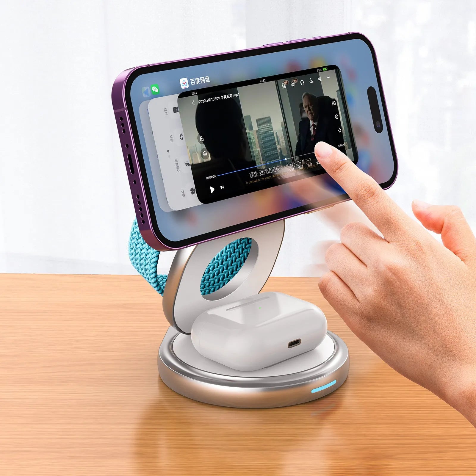 3-in-1 wireless charger magnetic folding stand in grey with phone and headphones charging on a desk