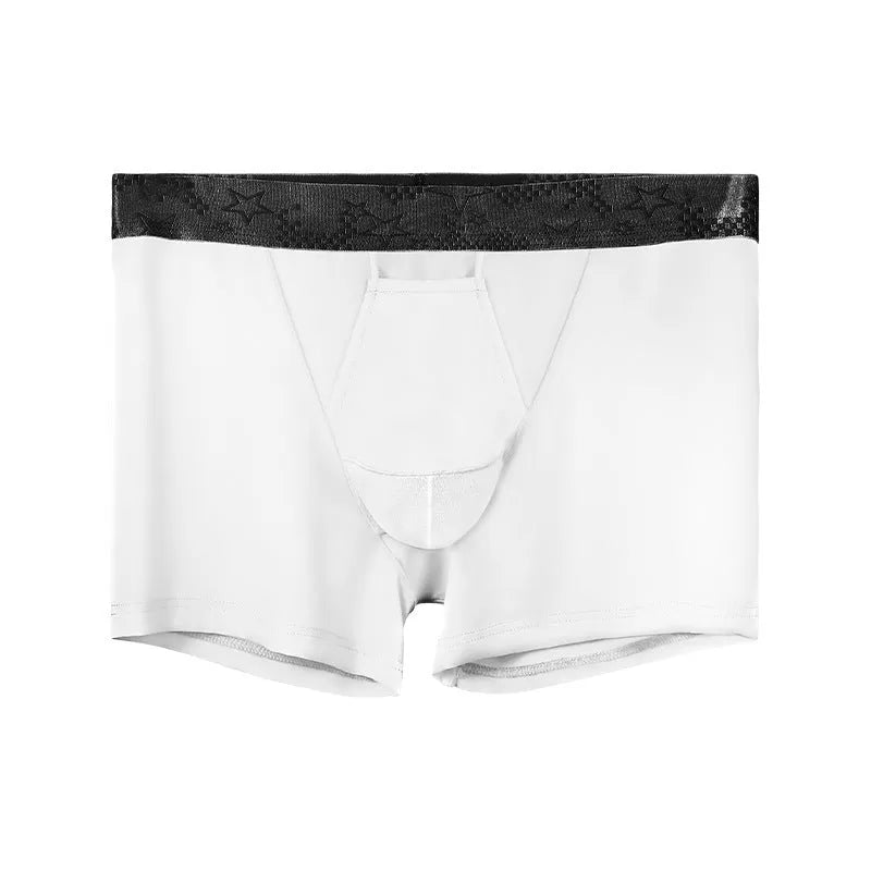 Vein men's ice silk boyshorts in black nylon knit fabric, mid-waist style, solid colour sports underwear