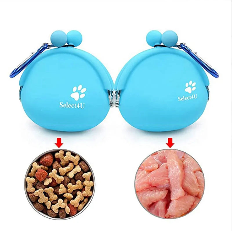 Silicone dog training treat bag with waist clip in blue green orange pink yellow colours