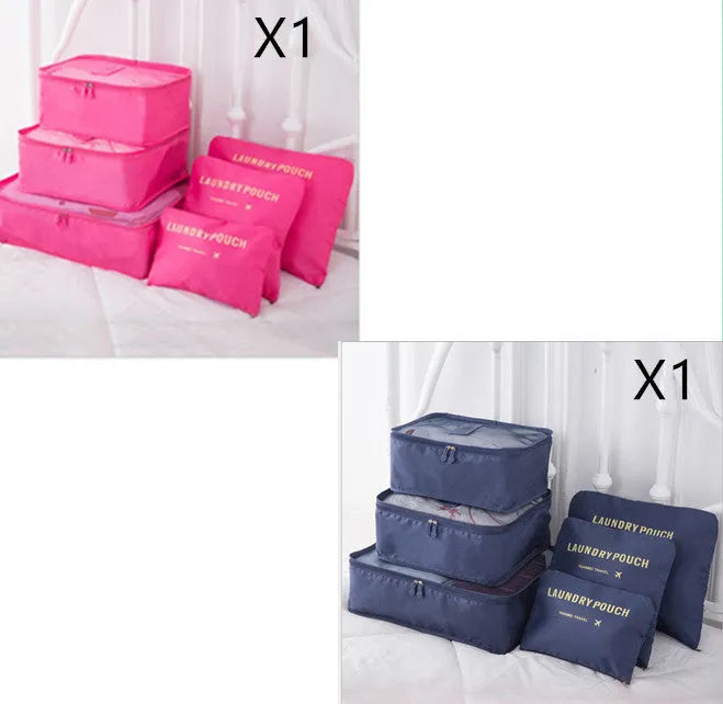 6 piece polyester travel storage bag set in hand bag type shape for clothes and cosmetic organisation, various colour options