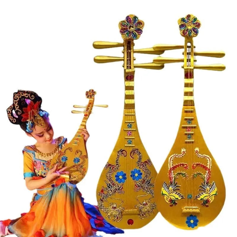 Golden Double Phoenix simulation plastic pipa prop 64.5cm with handmade stickers for Dunhuang dance