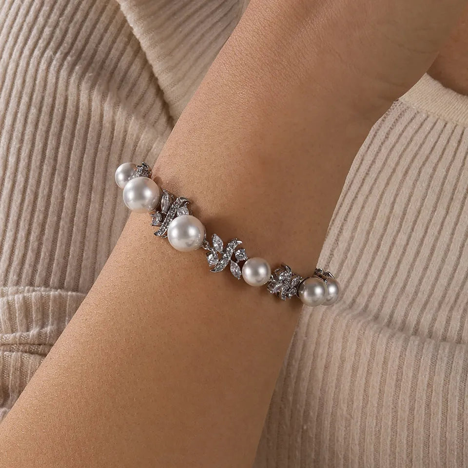 Vintage white pearl and zircon inlay bracelet on copper base with electroplated finish