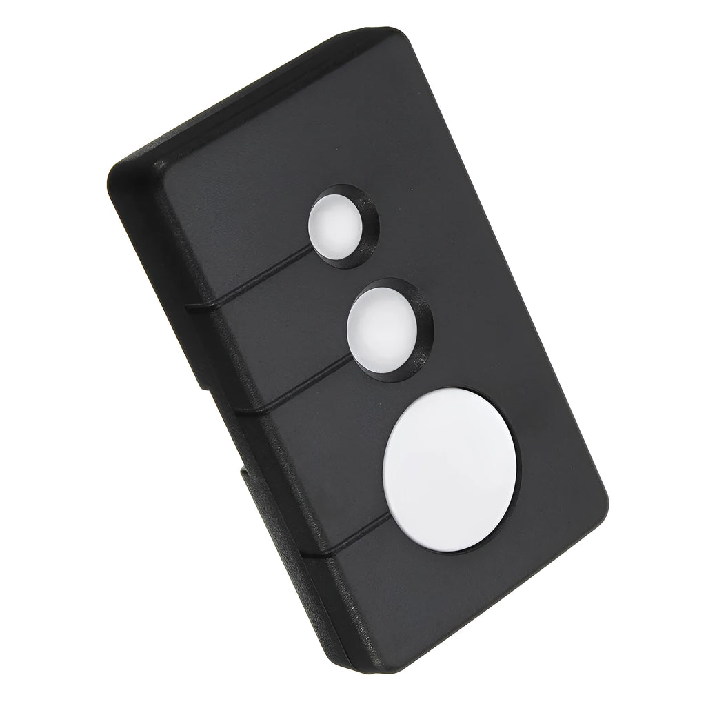 Black plastic three-button LiftMaster garage door remote control with green key, showing front view.
