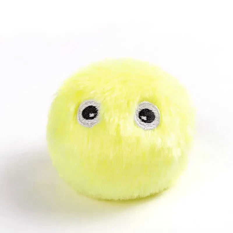 Blue, pink, and yellow electronic interactive toy ball for cats and dogs with animal sound activation.