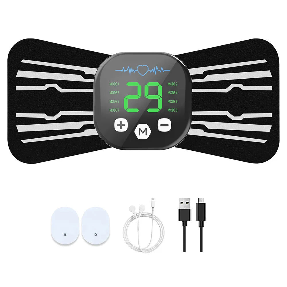 Blue cervical pulse massage pad with remote control and USB cable for EMS electrotherapy neck relief